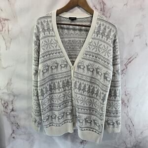 Talbots Cardigan Womens Medium White Gray Sweater Deer Tree Stripe Nordic